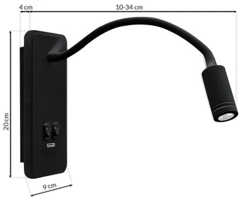 LED hajlítható fali lámpa USB-vel BASE LED/8W+LED/2W/230V fekete