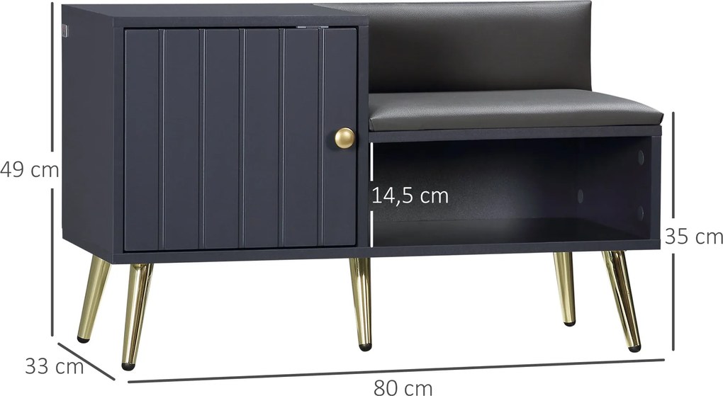 HOMCOM Tároló Pad Cipőpad Art Deco Stílusú Szekrény Niche Ülőke Szintetikus Bevonat Arany Acél 80 x 33 x 49 cm Szürke | Aosom