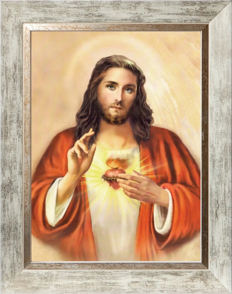 Jézus Szíve Vallásos Kép Fehér Díszített Keretben 30X40