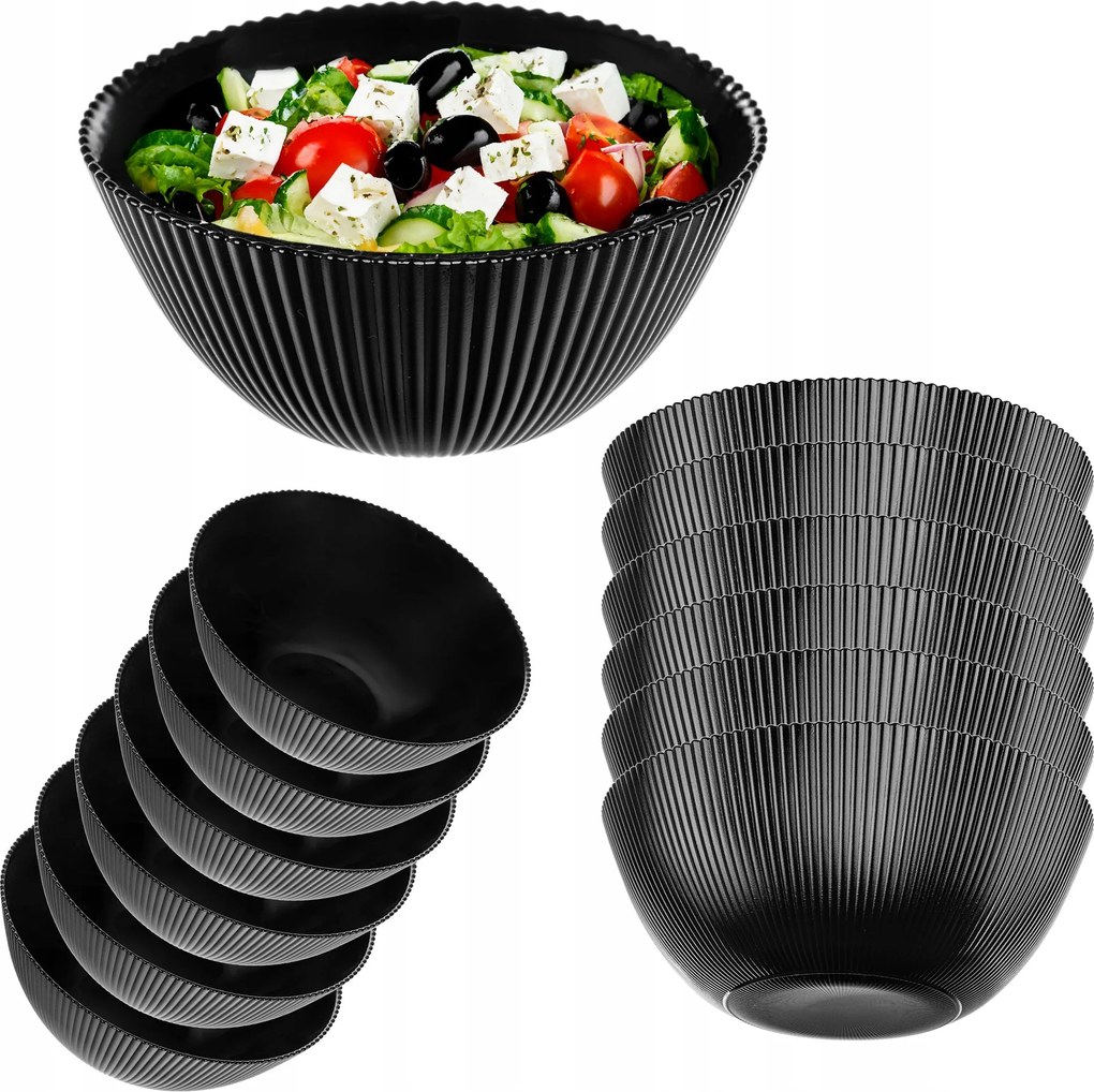 Saláta tálaló Tál 20cm Üveg Leves Snack Fekete 6db-os Szett