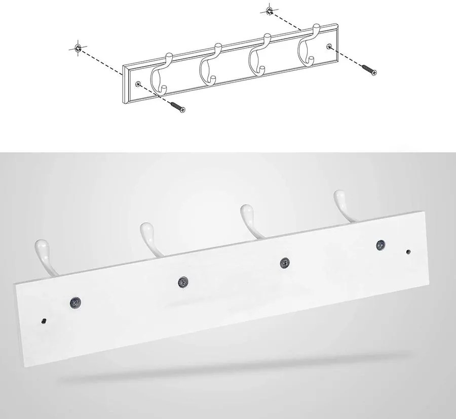 Fali fogas 4 fém kampóval, 40 x 7 x 9 cm, fehér