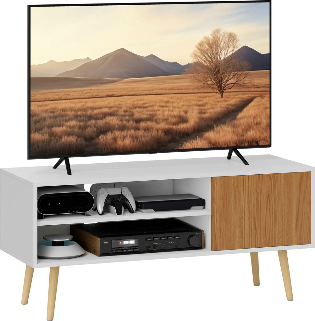 HOMCOM Modern TV Állvány TV Szekrény Nappaliba 2 Nyílt Rekesszel, 1 Ajtóval és Kábelnyílással 55 Hüvelykes TV-hez 110x40x50cm Fehér és Natúr | Aosom