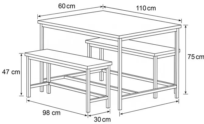 Étkezőszett 2 székkel, 110×60×75 cm, MDF Old Wood. OLW