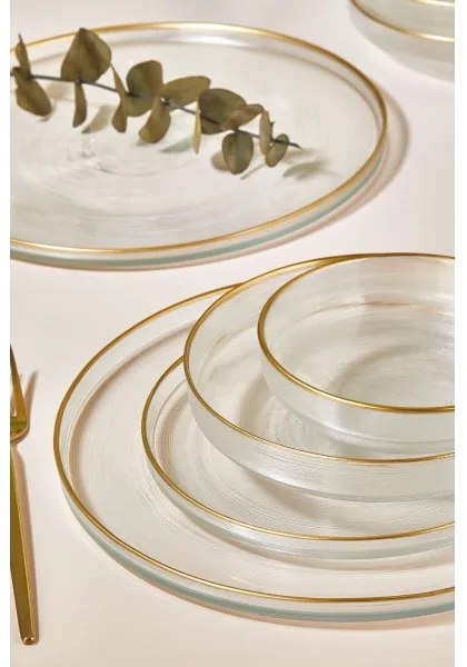 24 részes üveg étkészlet — átlátszó, arany díszítéssel