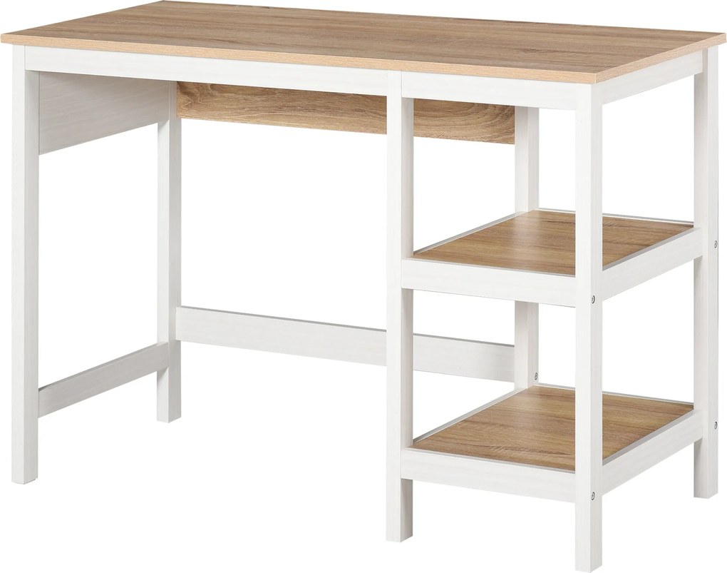 HOMCOM Multimedia Számítógép Asztal mérete: 110L x 48W x 76H cm, 2 oldalsó polccal, E1 MDF, Világos Tölgy és Fehér | Aosom