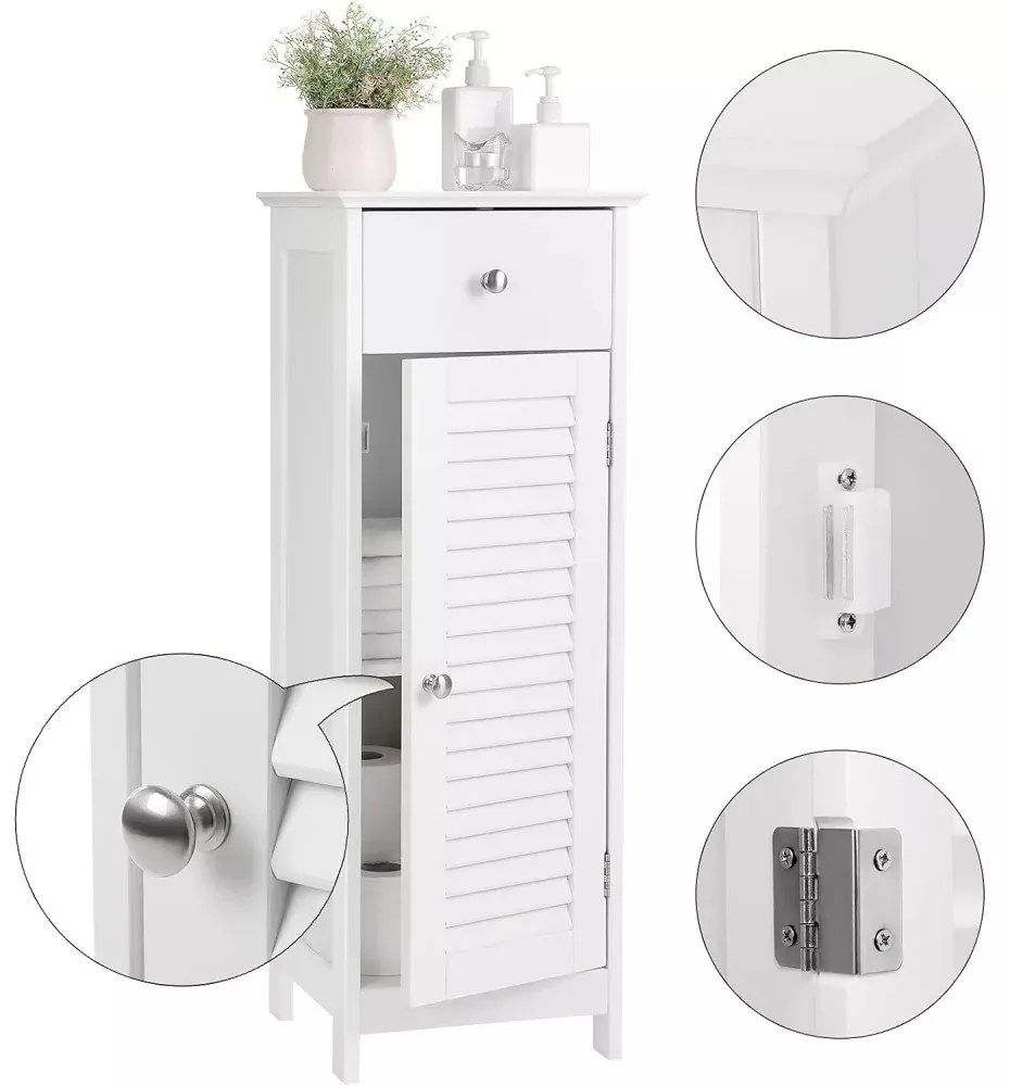 Fürdőszoba szekrény, ajtós, fiókos szekrény, fehér.