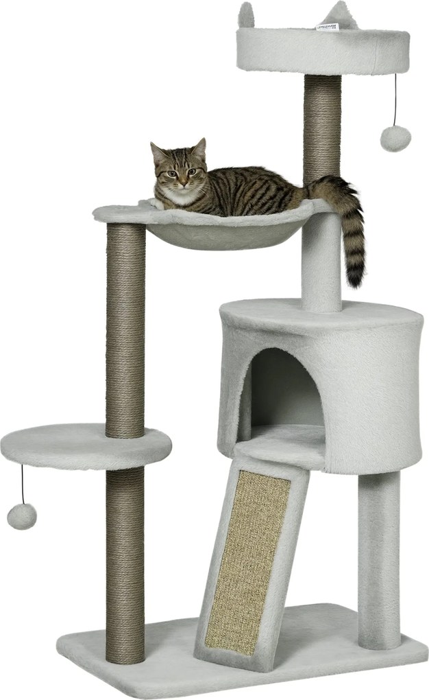 PawHut Macska Fakadály 113 cm-es Macska Torony Macska Búvóhely Sisal Oszlop Macska Kaparófa Játszófa Rámpával és Hálóval Macska Játék Világosszürke |
