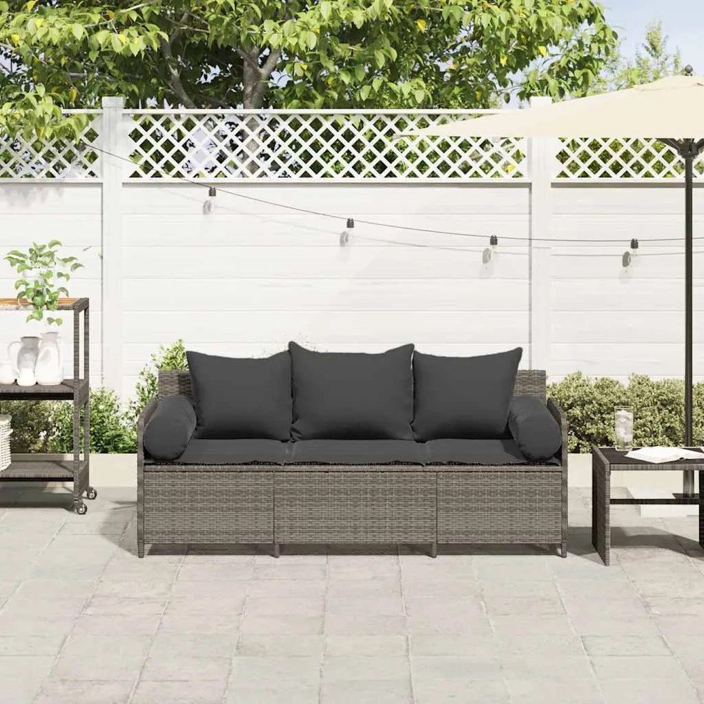 3 személyes szürke polyrattan kerti kanapé párnával