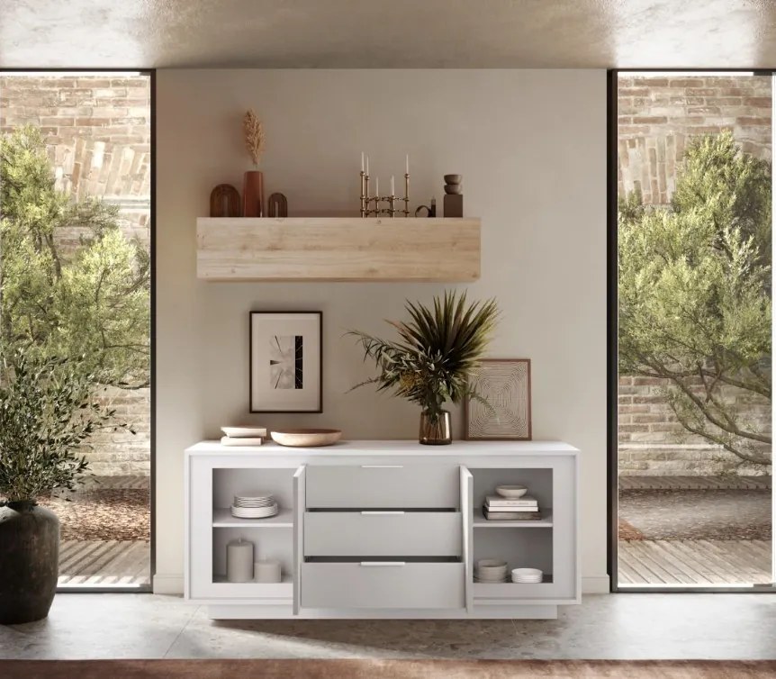 SKY 2.0 komód 2 ajtóval és 3 fiókkal, fehér matt lakkozott vázzal és előlapokkal