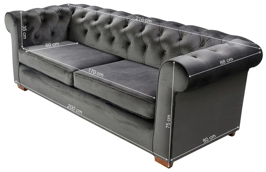 Oxford Chesterfield Kihúzható kanapé, 3 személyes 88x216x75 cm, antracitszürke