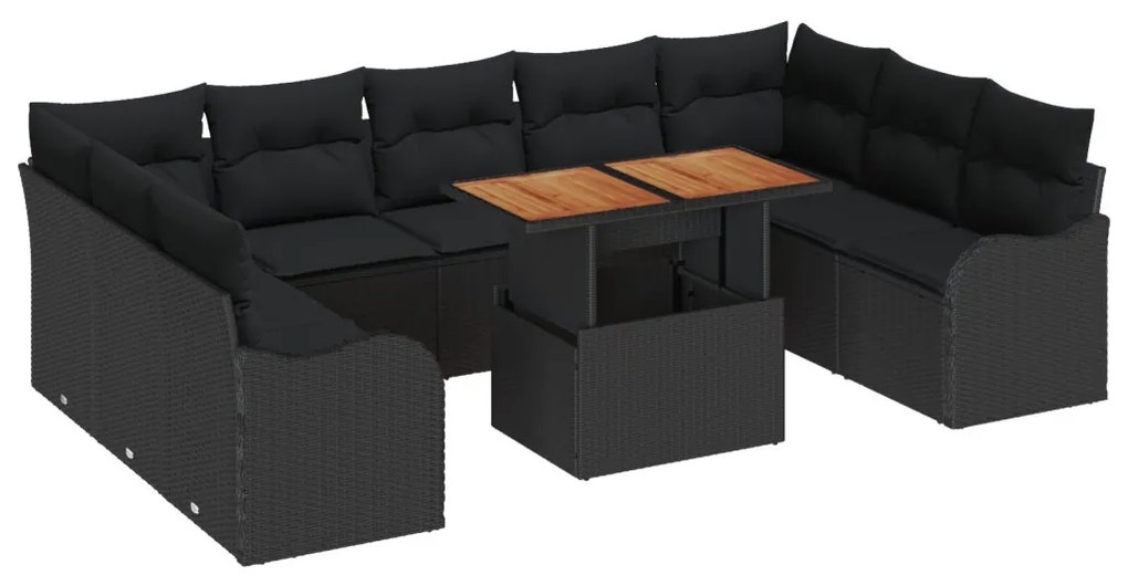10 darabos kertiszövet szett párnákkal fekete poli rattan akáciával, 2 fős kertiszövet párnákkal fekete poli rattan