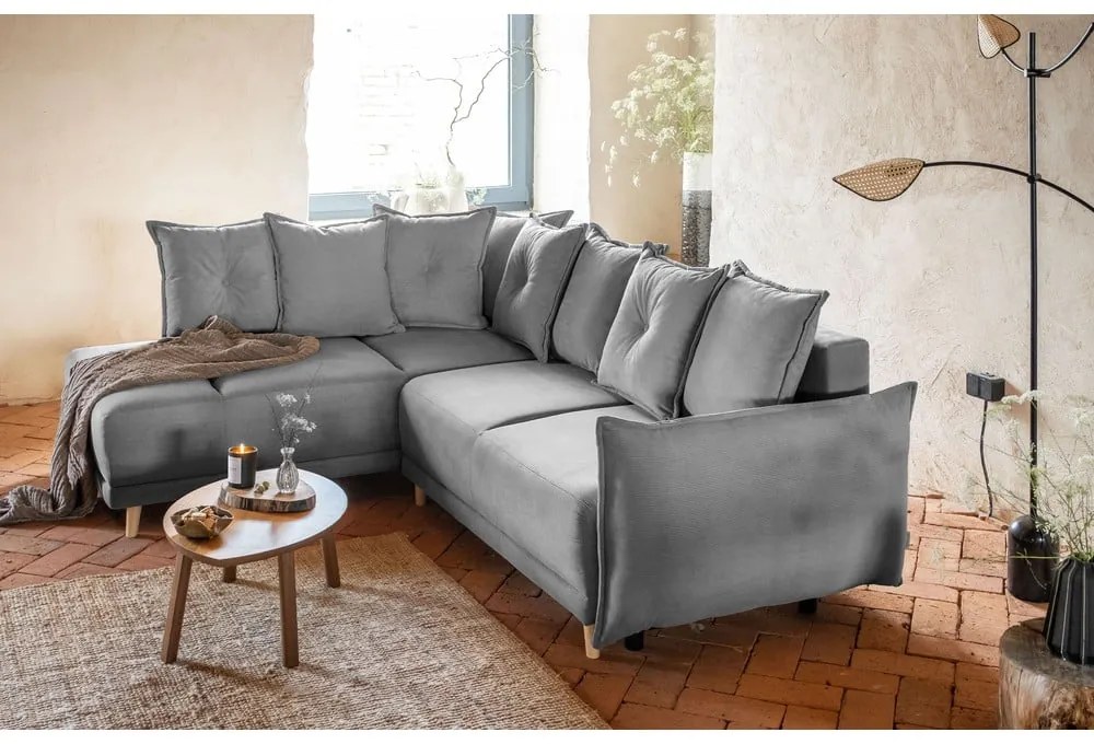 Szürke kordbársony kinyitható sarokkanapé (bal oldali) Lazy Lukka – Miuform