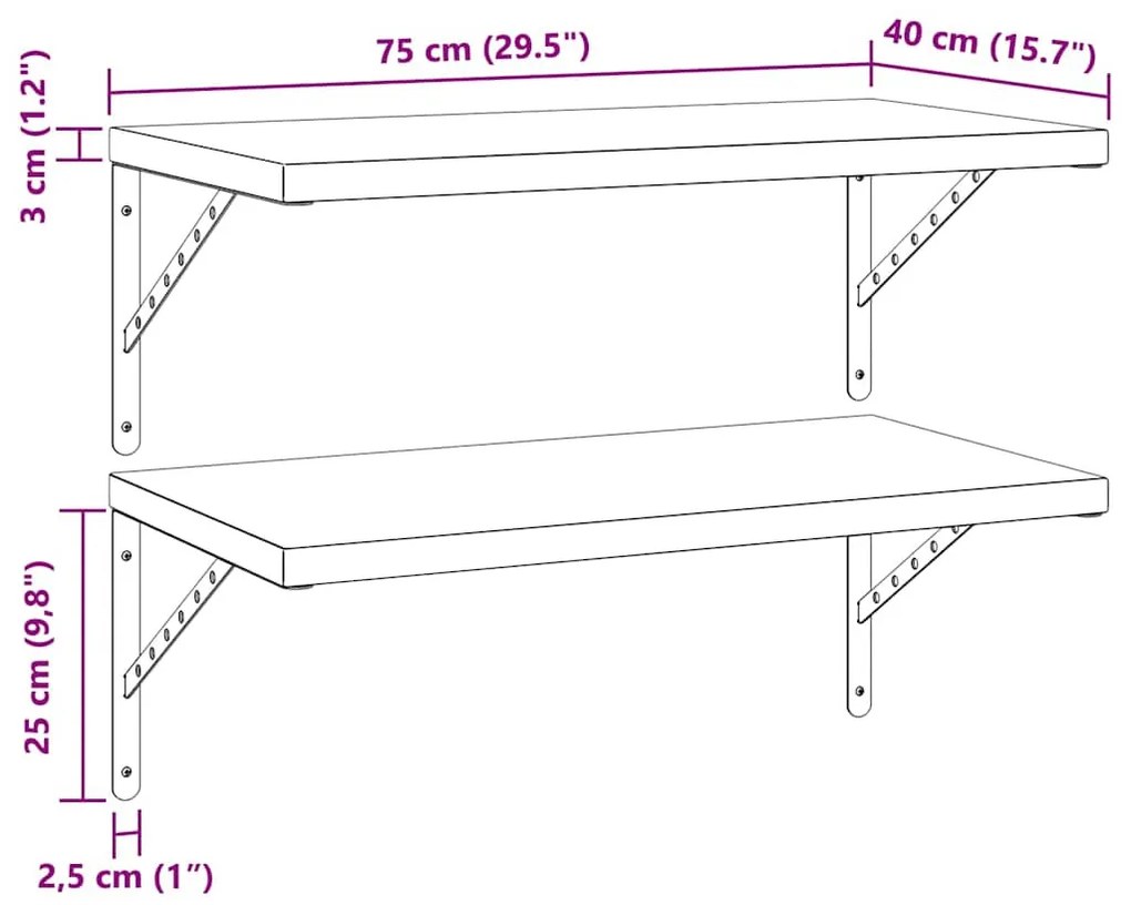 2 db fekete rozsdamentes acél fali polc 75 x 40 cm