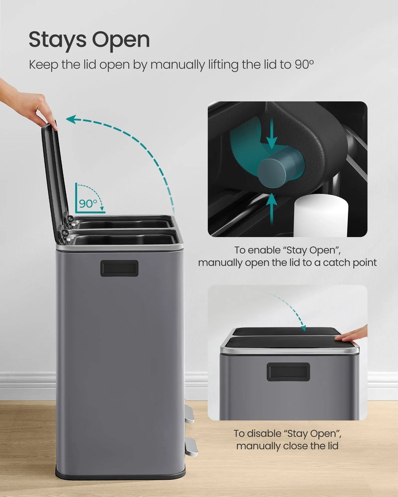 2 rekeszes pedálos recycling szemetes lágy záródással, szürke fém