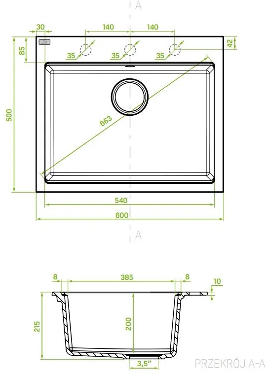 Laveo Tau, 1 kamrás gránit mosogató 600x500x215 mm, bézs, LAV-SBT_4106