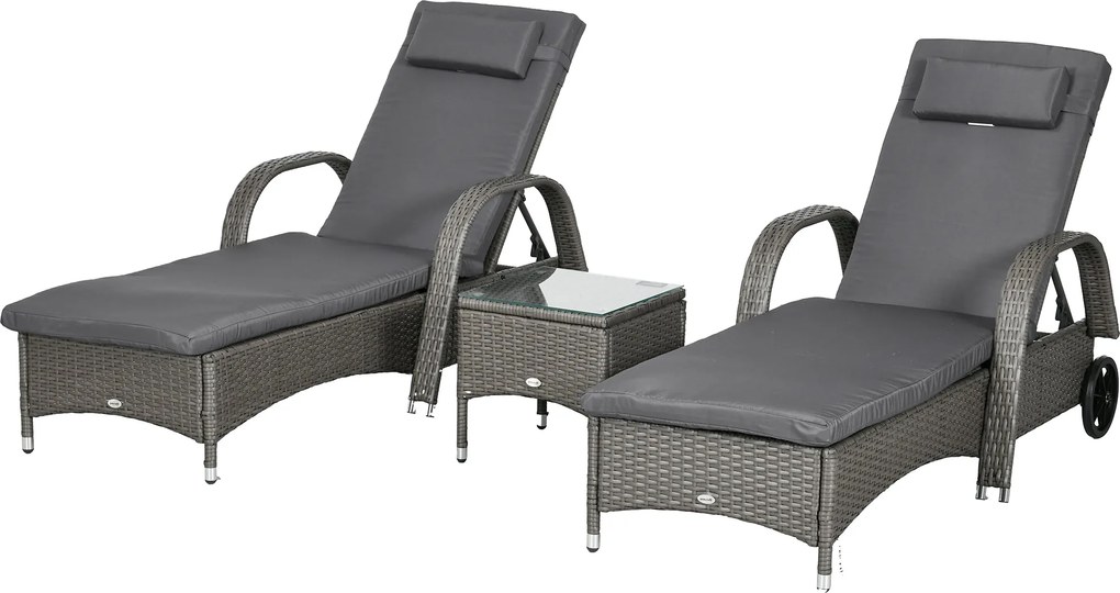 Outsunny Napozóágy Szett 3 Darabos Kerti Bútor, Polyrattan+Fém Szürke+Sötét Szürke | Aosom
