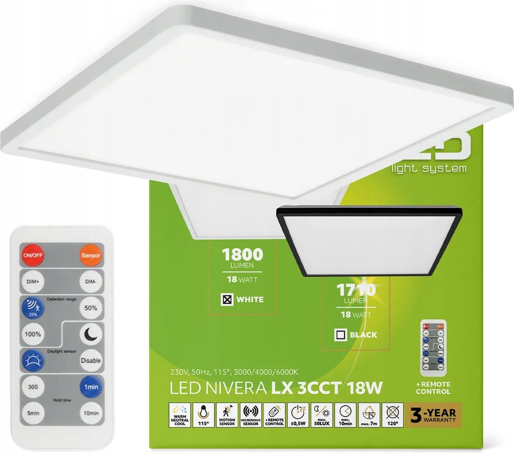 Mennyezeti lámpa Led plafon 18W IP54 3CCT Mozgásérzékelő Négyzet Fehér