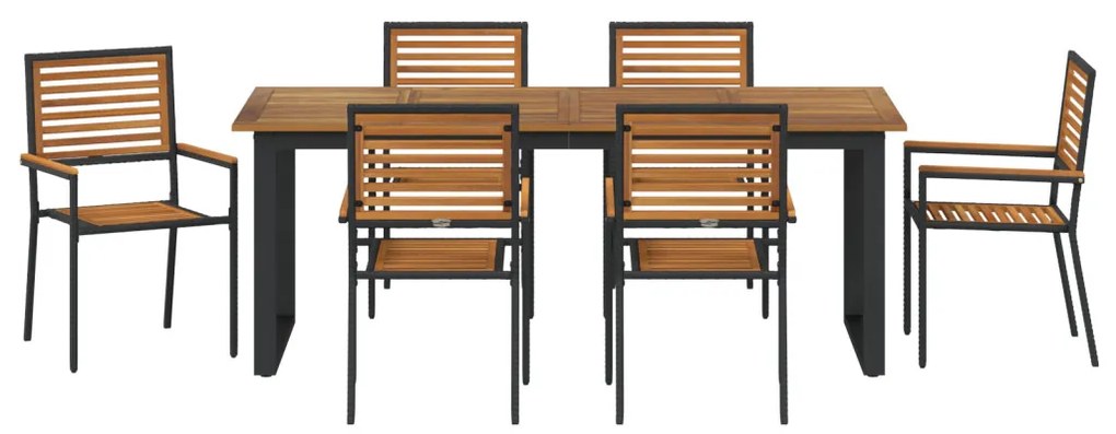 7 darabos kerti étkezőszett Fekete Poli Rattan Akác, Egymásra rakható kerti székek párban Párnák Fekete Poli Rattan