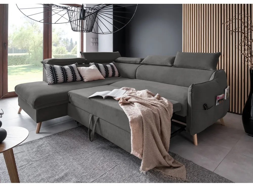 Sötétszürke bársony kinyitható sarokkanapé (bal oldali) Sweet Harmony – Miuform