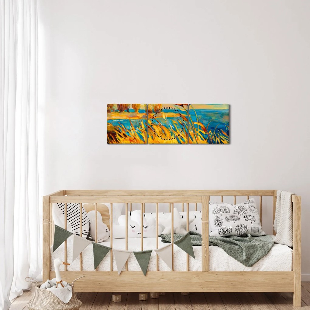 Kép - naplemente a tó felett, akril festmény (órával) (90x30 cm)