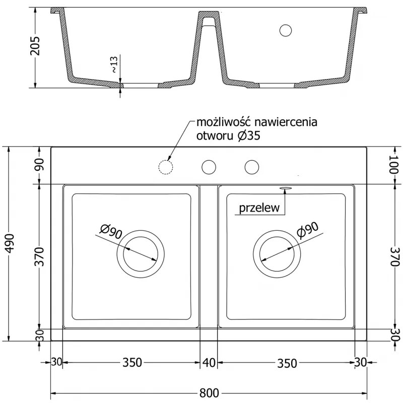 Mexen Hektor, 2 kamrás gránit mosogató 800x480x205 mm, fekete, arany szifon,- 6521802000-77-G