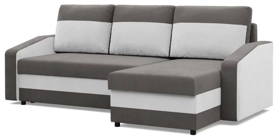 Hewlet sarokkanapé, 2 ágyneműtartóval, szövet anyag, univerzális oldal, hab töltet, szürke - fehér