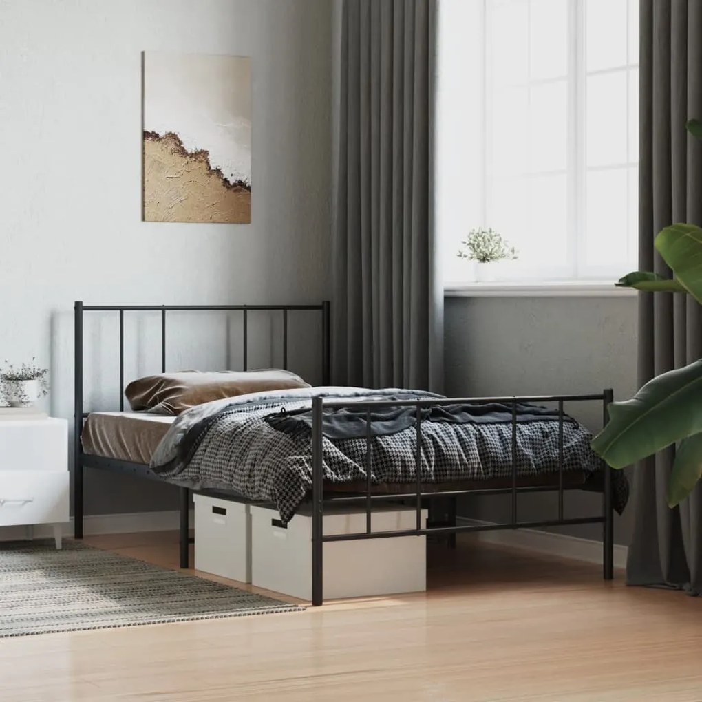 fekete fém ágykeret fej- és lábtámlával 80 x 200 cm