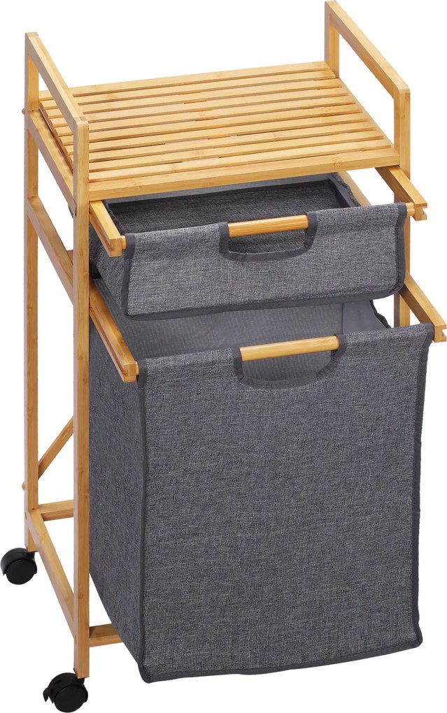 HOMCOM Bambusz Mosó Kosár, 2 Kivehető Textil Zsákkal, Nyitott Polccal, 2 Oldalsó Fogantyúval és 4 Kerekével, 42x35x85 cm - Szürke | Aosom