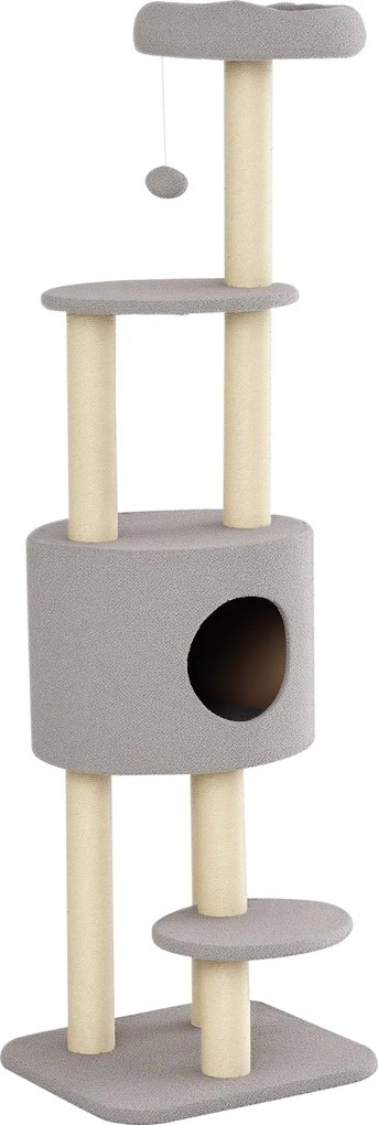 PawHut Macska Kaparófa 148 cm magasságú Macska Torony Zsinegre A csomagban 3 platformmal, házikóval és lógó labdával – Szürke | Aosom
