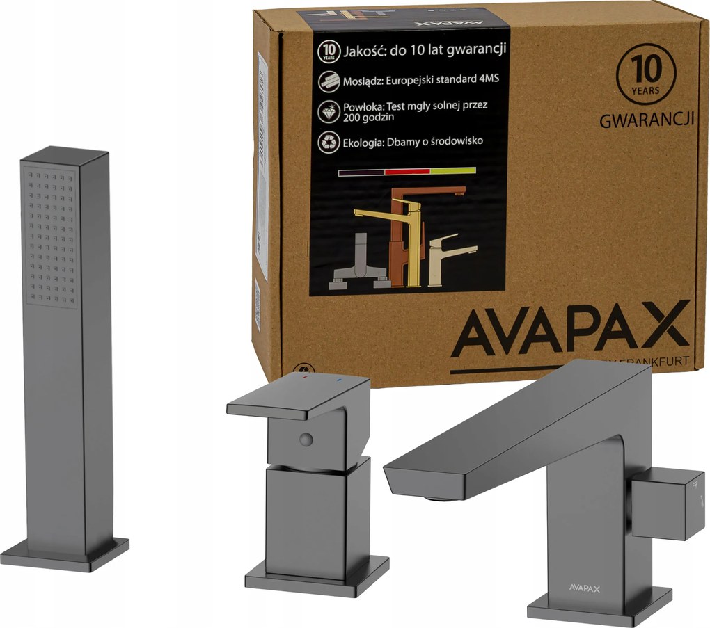 Kádtöltő csaptelep álló 3 lyukú zuhanytálca gun metal Avapax