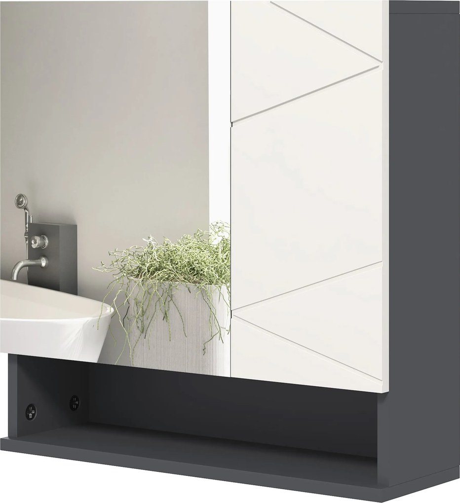 kleankin Fürdőszoba Szekrény Tükörrel és 2 Ajtóval, Fali Fürdőszoba Tükrös Szekrény Állítható Polcokkal, Fa, 55x17x55cm, Szürke | Aosom