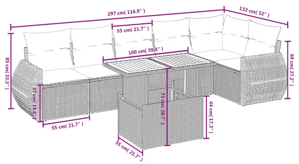 7 részes szürke polyrattan kerti ülőgarnitúra párnákkal