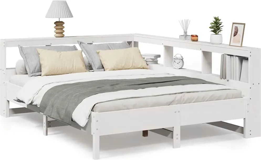 vidaXL fehér tömör fenyőfa könyvespolcos ágy matrac nélkül 140x190 cm