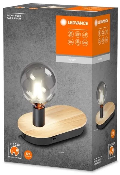 Ledvance - Dekoratív érintőasztali lámpa USB-vel DECOR WOOD 1xE27/8W/230V