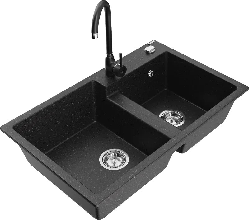 Mexen Tomas gránit mosogató 2 rekeszes konyhai csappal Telma, fekete/ezüst metál - 6516-73-670200-70
