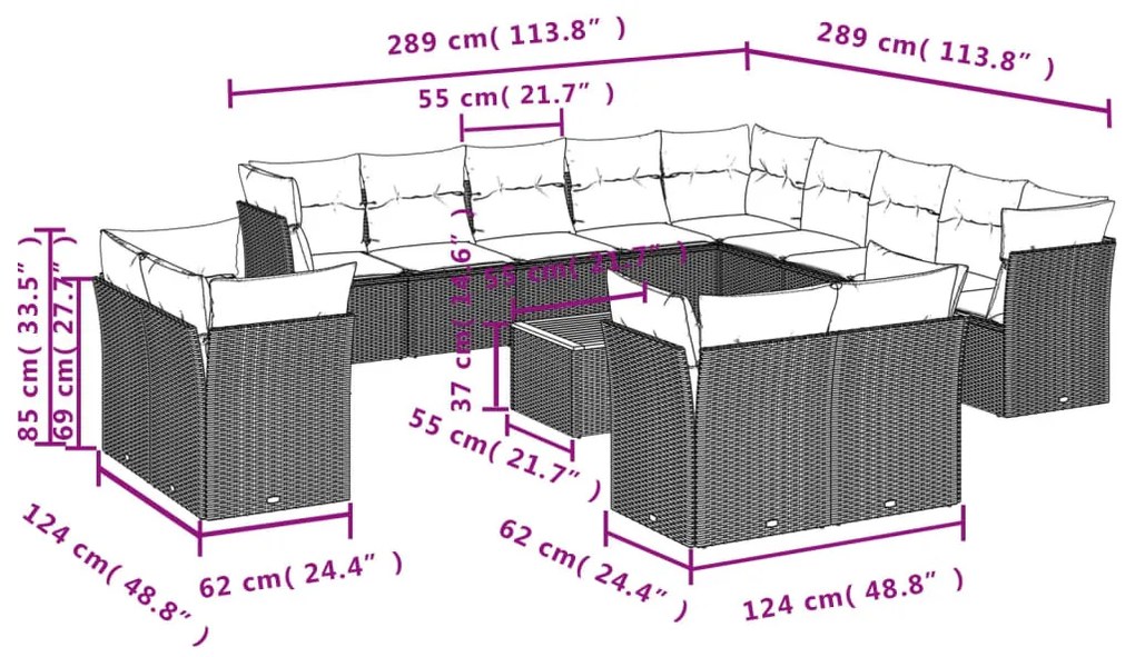 14 részes fekete polyrattan kerti ülőgarnitúra párnákkal