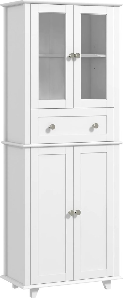 HOMCOM Konyhai Tárhely Szekrény 2 Edzett Üvegajtóval, Fiókkal és Állítható Polcokkal, 61x35x168,5 cm, Fehér | Aosom