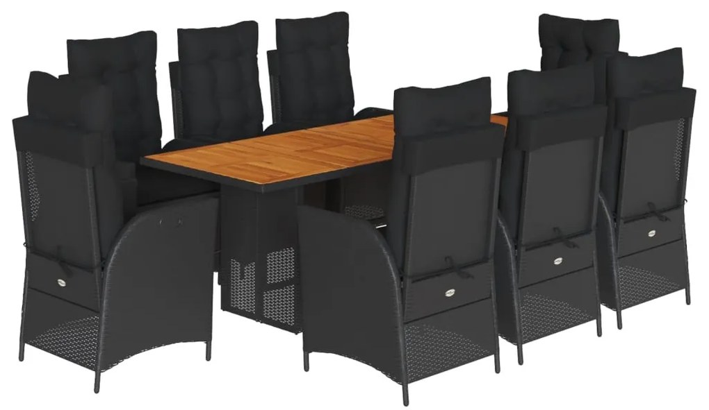 9 részes fekete polyrattan kerti étkezőgarnitúra párnákkal