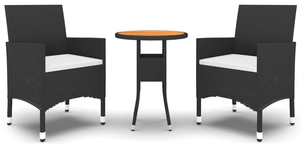 3 részes fekete polyrattan és tömör fa kerti bisztrószett