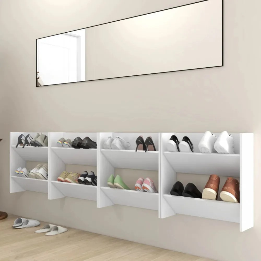 4 db fehér szerelt fa fali cipősszekrény 60 x 18 x 60 cm