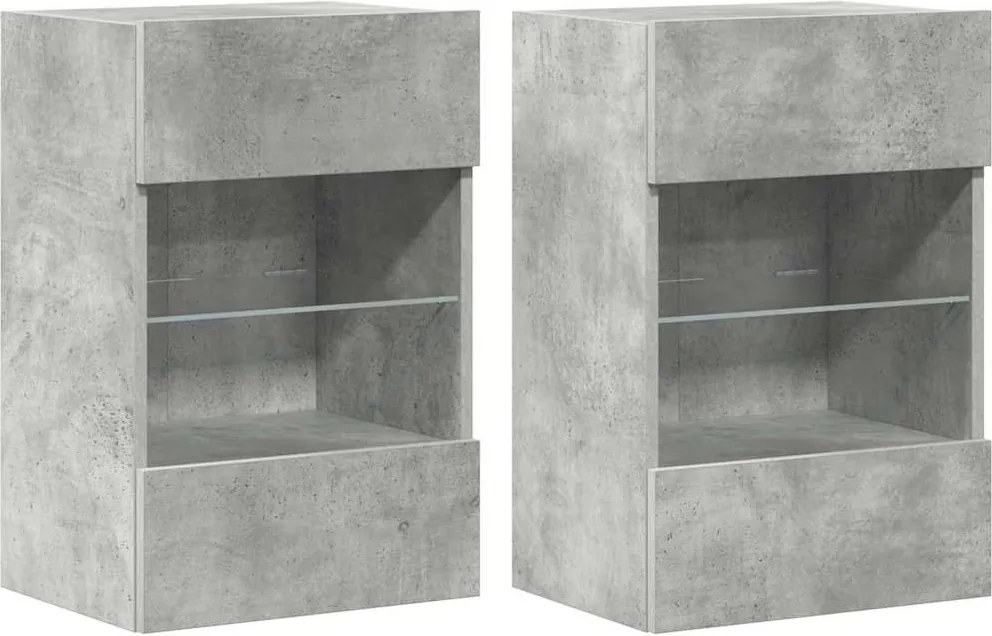 vidaXL 2 db betonszürke fali szekrények LED világítással TV-hez 40x30x60,5 cm