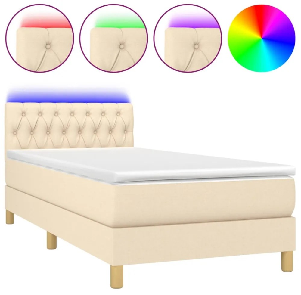 krémszínű szövet rugós és LED-es ágy matraccal 90x200 cm
