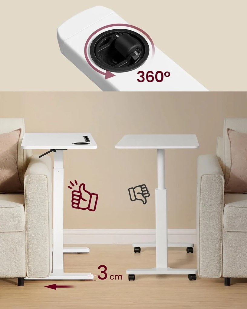 Gurulós ágy melletti asztal, kis állítható magasságú asztal, 70 × 40 cm-es asztallap, fehér