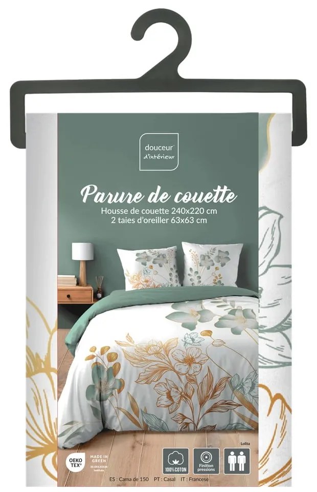 Fehér-zöld kétszemélyes-hosszabbított pamut ágyneműhuzat 240x220 cm Lolita – douceur d'intérieur
