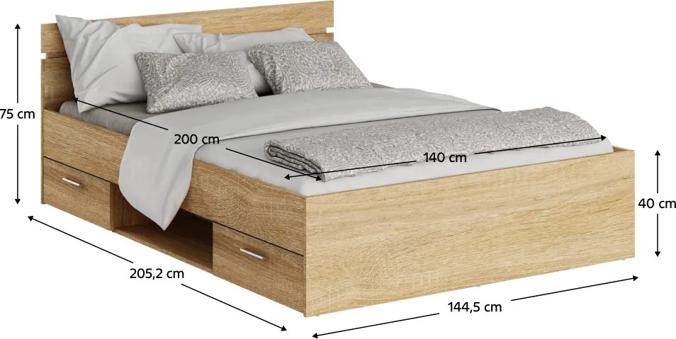Ágykeret, 140x200, sonoma tölgyfa, MICHIGAN NEW