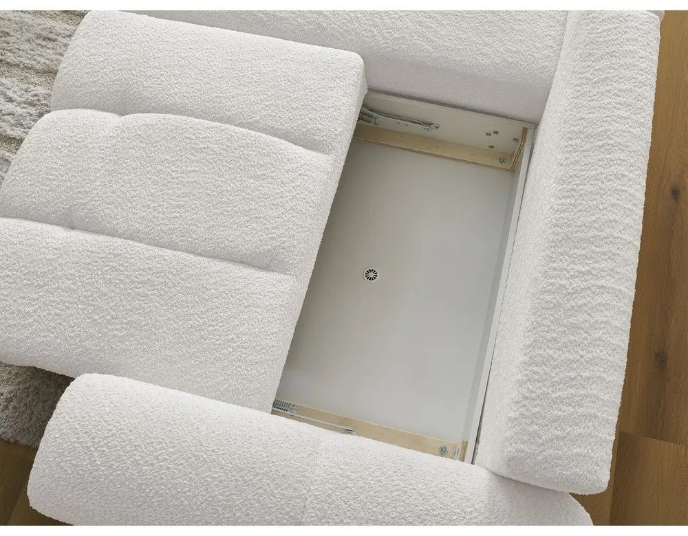 Fehér buklé kinyitható-tárolóhelyes sarokkanapé (bal oldali-heverő résszel) Roxelane – Bobochic Paris