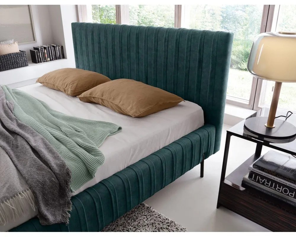 Petróleum színű kárpitozott ágyneműtartós franciaágy ágyráccsal 160x200 cm Plissa – ELTAP