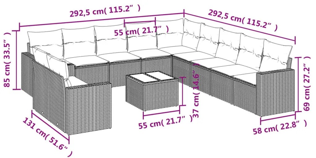 12 részes fekete polyrattan kerti ülőgarnitúra párnákkal