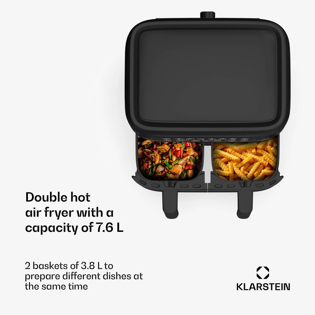 Klarstein VitaFry Duo, forrólevegős fritőz, 2850 W, 7,6 l, 2 főzőzóna, 6 program