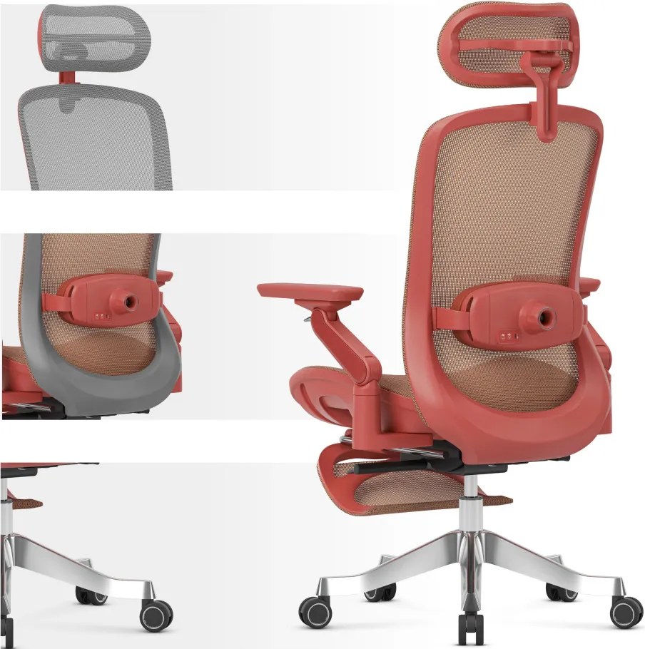 LeadPro Irodai forgószék, masszázs funkció, 3D deréktámasz és lábtartó, 4D fejtámla, háló, piros
